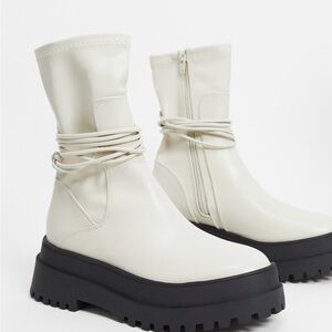 Public Desire Finale chunky flat ankle boots with tie in bone